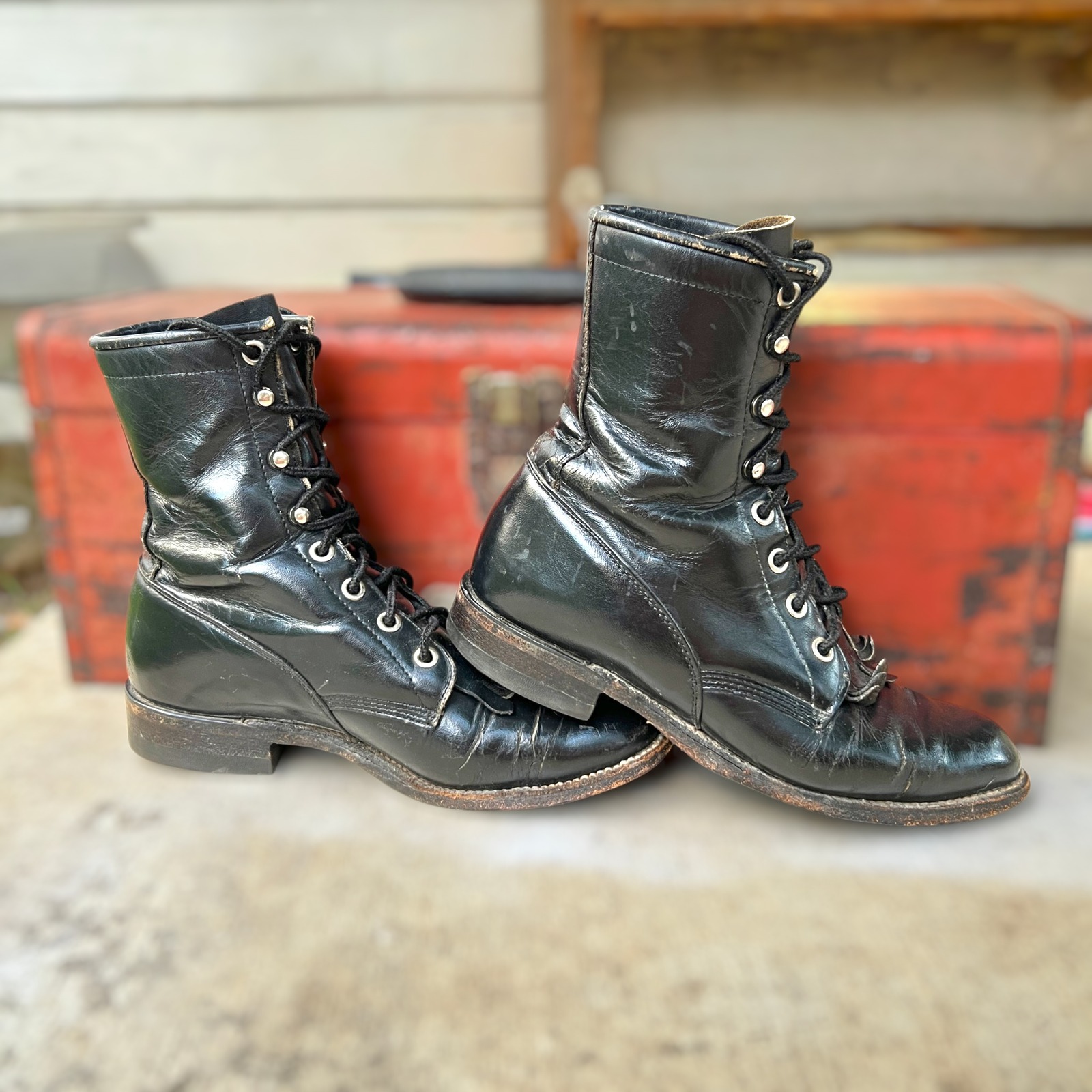 Vtg Justin Kiltie Boots Black Womens Size 5c Lace Up Leather Fringe Western Usa